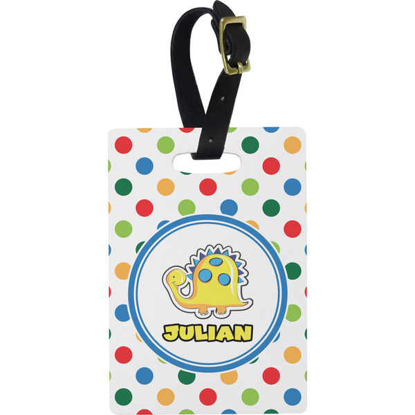 Custom Dots & Dinosaur Plastic Luggage Tag - Rectangular w/ Name or Text