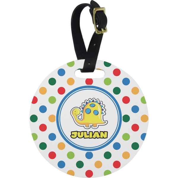 Custom Dots & Dinosaur Plastic Luggage Tag - Round (Personalized)