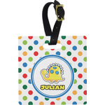 Dots & Dinosaur Plastic Luggage Tag - Square w/ Name or Text