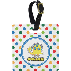 Dots & Dinosaur Plastic Luggage Tag - Square w/ Name or Text
