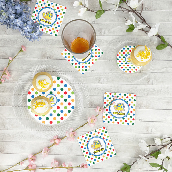 Dots & Dinosaur Plastic Party Appetizer & Dessert Plates - In Context