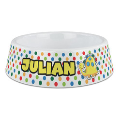 Dots & Dinosaur Plastic Dog Bowl - Large (Personalized)