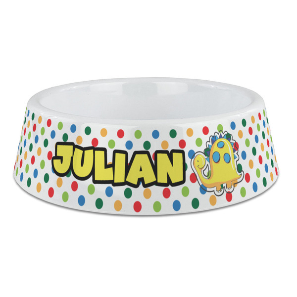 Custom Dots & Dinosaur Plastic Dog Bowl - Large (Personalized)