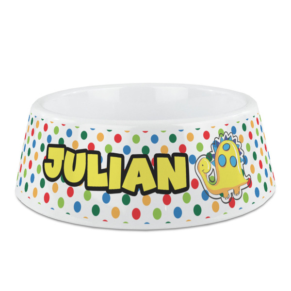Custom Dots & Dinosaur Plastic Dog Bowl - Medium (Personalized)