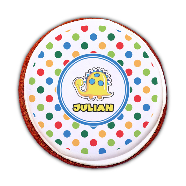 Dots & Dinosaur Printed Icing Circle - Medium - On Cookie