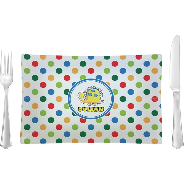 Custom Dots & Dinosaur Rectangular Glass Lunch / Dinner Plate - Single or Set (Personalized)
