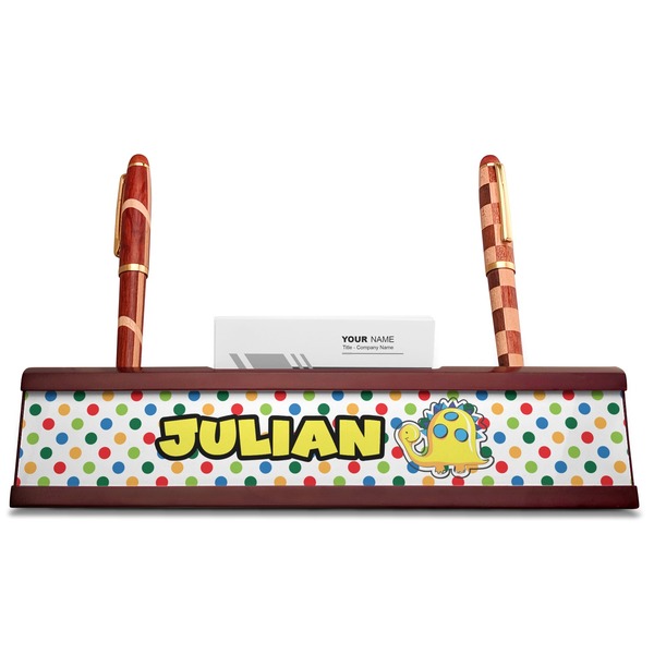 Dots & Dinosaur Red Mahogany Nameplates with Business Card Holder - Straight