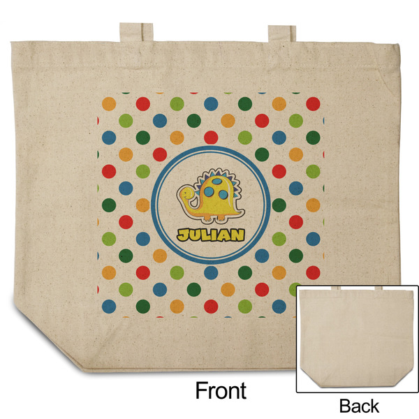 Dots & Dinosaur Reusable Cotton Grocery Bag - Front & Back View