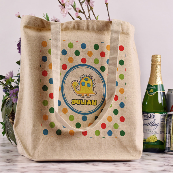 Dots & Dinosaur Reusable Cotton Grocery Bag - In Context