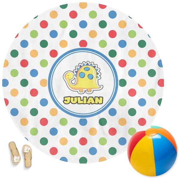 Custom Dots & Dinosaur Round Beach Towel (Personalized)