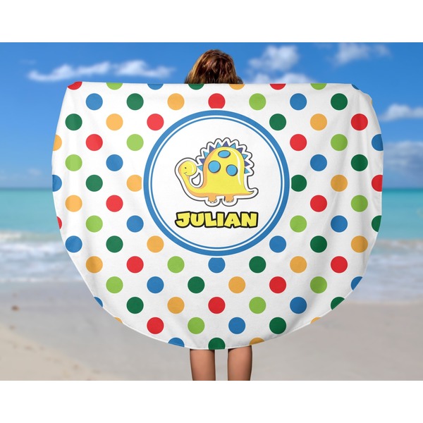 Dots & Dinosaur Round Beach Towel - In Use