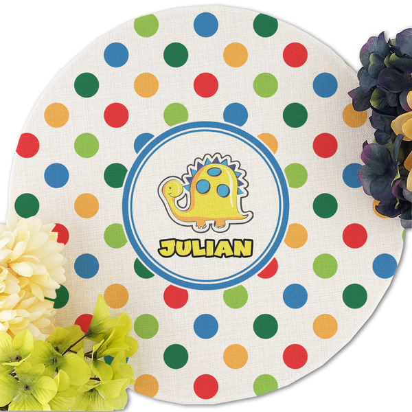 Dots & Dinosaur Round Linen Placemats - Front (w flowers)