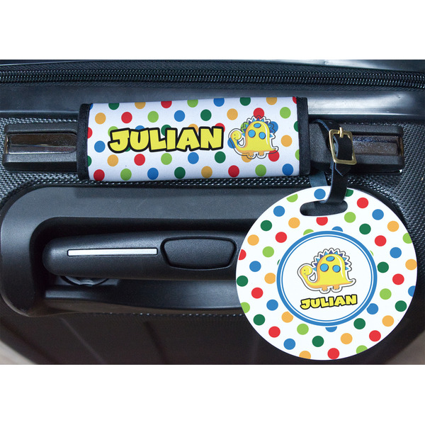 Dots & Dinosaur Round Luggage Tag & Handle Wrap - In Context
