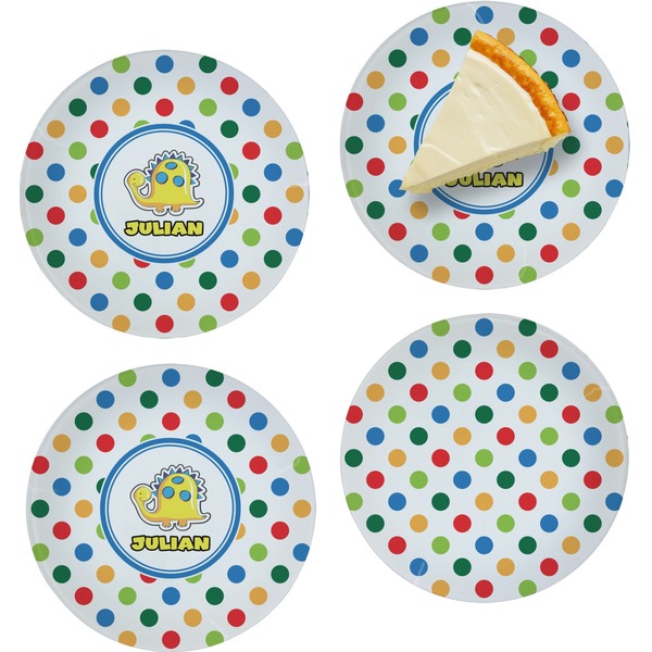 Custom Dots & Dinosaur Set of 4 Glass Appetizer / Dessert Plate 8" (Personalized)