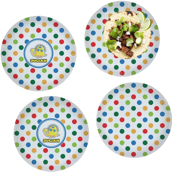 Custom Dots & Dinosaur Set of 4 Glass Lunch / Dinner Plate 10" (Personalized)