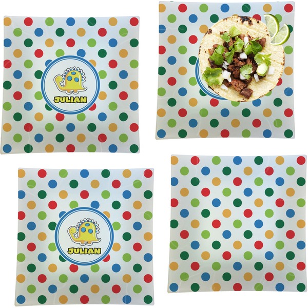Dots & Dinosaur Set of Square Dinner Plates