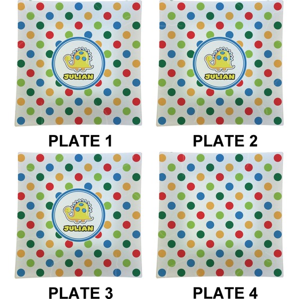 Dots & Dinosaur Set of Square Dinner Plates (Approval)