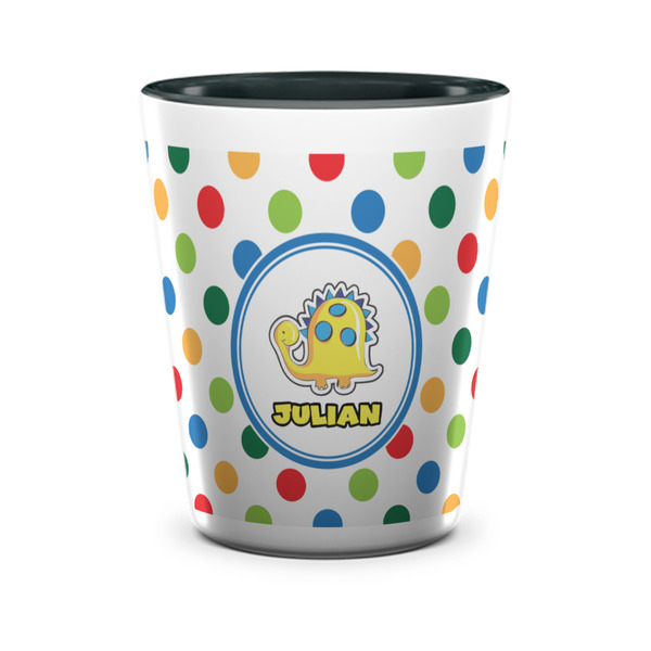 Custom Dots & Dinosaur Ceramic Shot Glass - 1.5 oz - Two Tone - Set of 4 (Personalized)