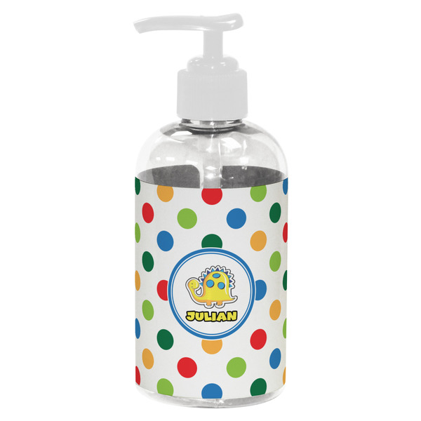 Custom Dots & Dinosaur Plastic Soap / Lotion Dispenser (8 oz - Small - White) (Personalized)
