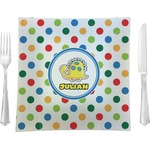 Dots & Dinosaur 9.5" Glass Square Lunch / Dinner Plate- Single or Set of 4 (Personalized)