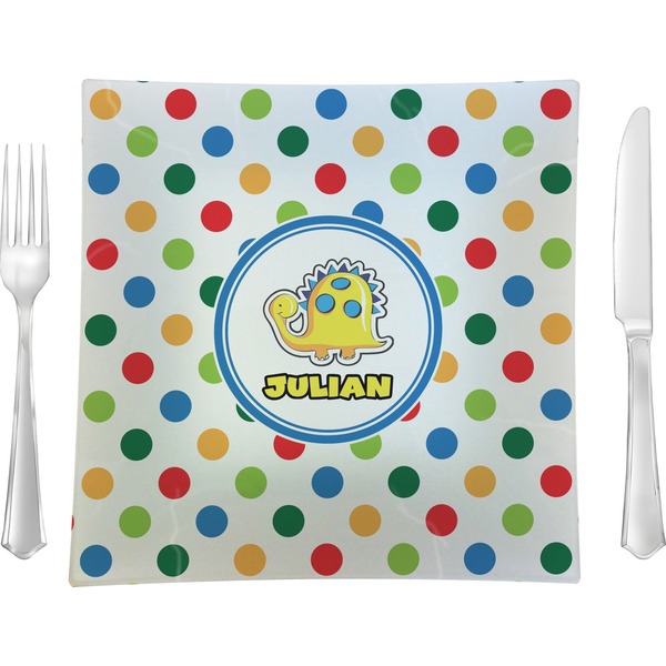 Custom Dots & Dinosaur 9.5" Glass Square Lunch / Dinner Plate- Single or Set of 4 (Personalized)
