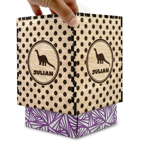 Dots & Dinosaur Square Tissue Box Covers - Wood - with box