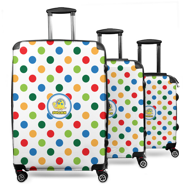 Custom Dots & Dinosaur 3 Piece Luggage Set - 20" Carry On, 24" Medium Checked, 28" Large Checked (Personalized)