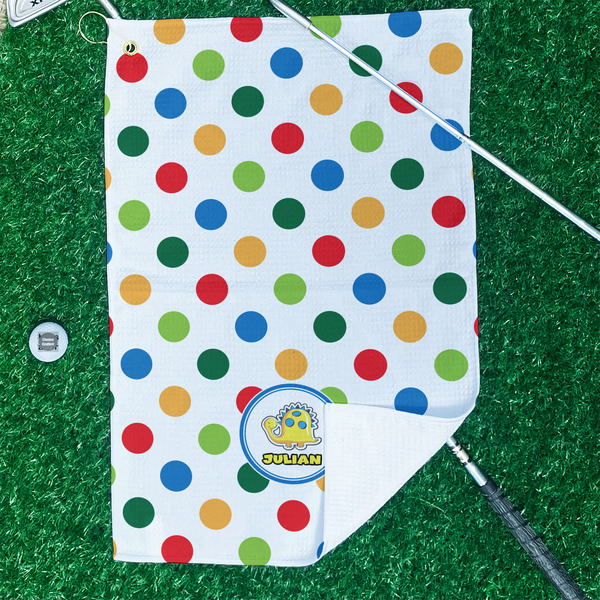 Dots & Dinosaur Waffle Weave Golf Towel - In Context