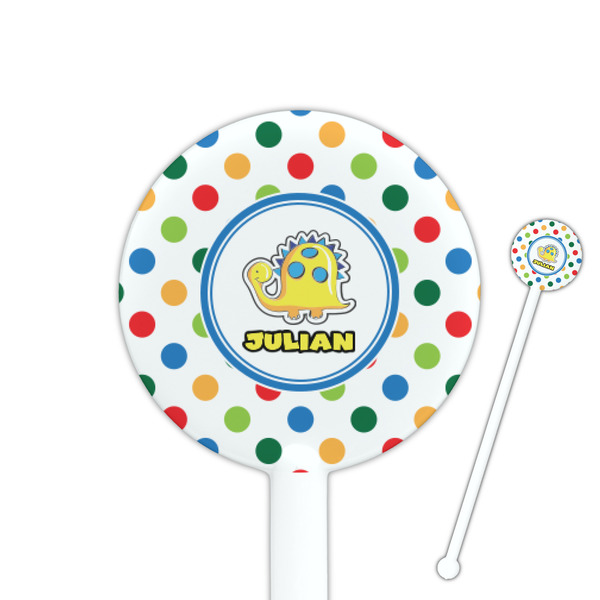 Custom Dots & Dinosaur 5.5" Round Plastic Stir Sticks - White - Single Sided (Personalized)