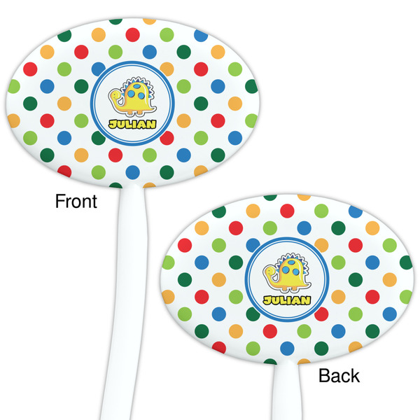 Dots & Dinosaur White Plastic 7" Stir Stick - Double Sided - Oval - Front & Back