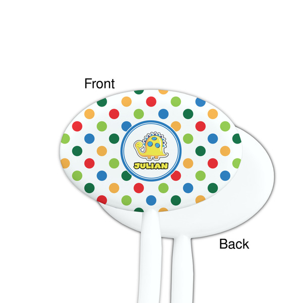 Dots & Dinosaur White Plastic 7" Stir Stick - Single Sided - Oval - Front & Back