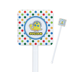 Dots & Dinosaur Square Plastic Stir Sticks - Single Sided (Personalized)