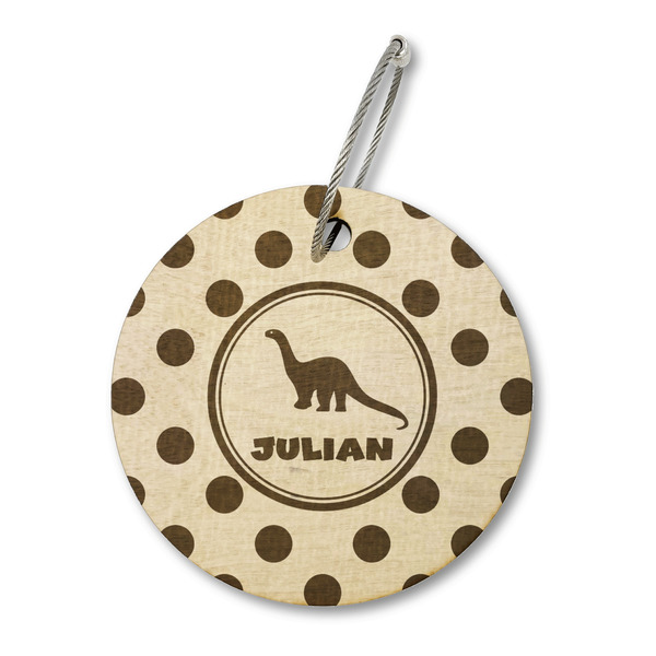 Custom Dots & Dinosaur Wood Luggage Tag - Round (Personalized)