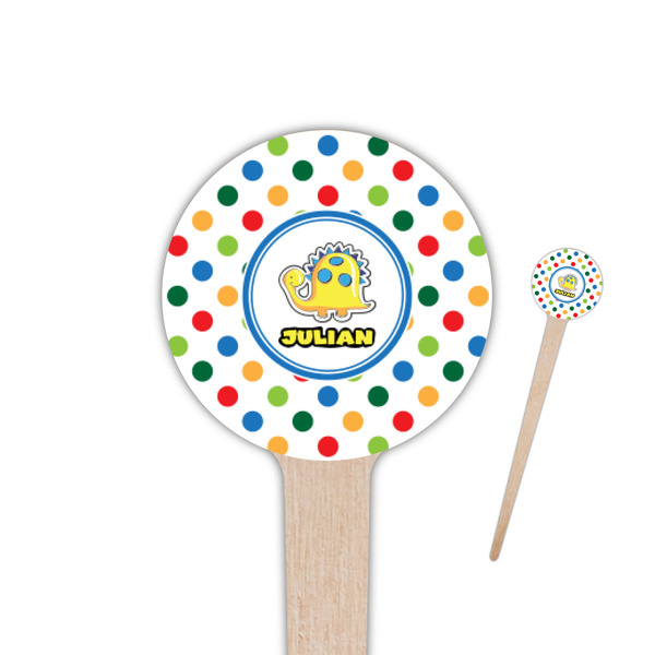 Custom Dots & Dinosaur 4" Round Wooden Food Picks - Single Sided (Personalized)