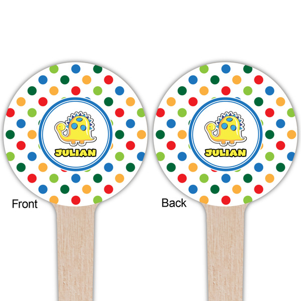 Dots & Dinosaur Wooden 4" Food Pick - Round - Double Sided - Front & Back