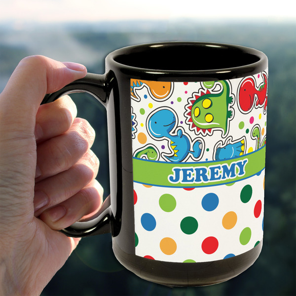 Dinosaur Print & Dots 15oz. Black Mug - LIFESTYLE