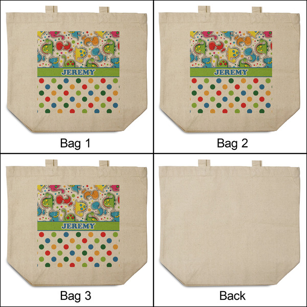Dinosaur Print & Dots 3 Reusable Cotton Grocery Bags - Front & Back View