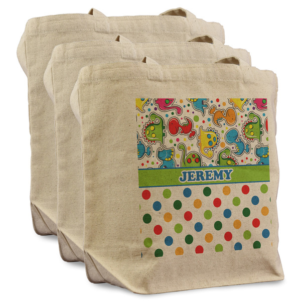 Custom Dinosaur Print & Dots Reusable Cotton Grocery Bags - Set of 3 (Personalized)