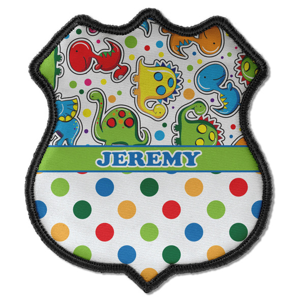 Custom Dinosaur Print & Dots Iron On Shield Patch C w/ Name or Text