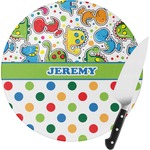 Dinosaur Print & Dots Round Glass Cutting Board - Small (Personalized)