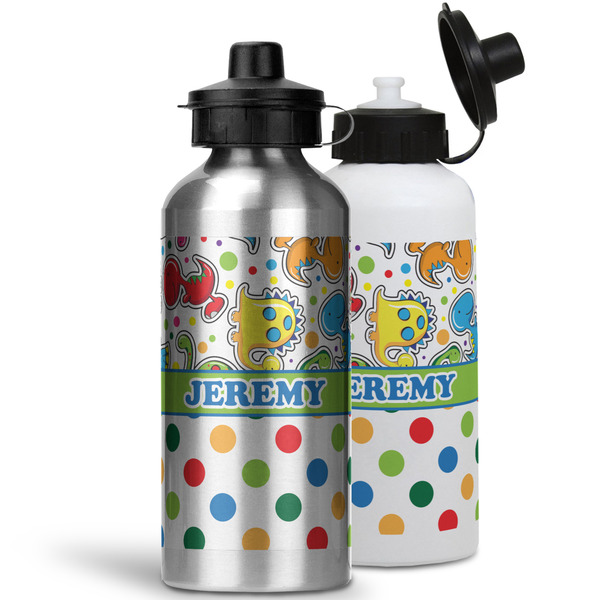 Dinosaur Print & Dots Aluminum Water Bottles - MAIN (white &silver)