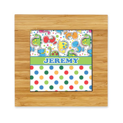 Dinosaur Print & Dots Bamboo Trivet with Ceramic Tile Insert (Personalized)