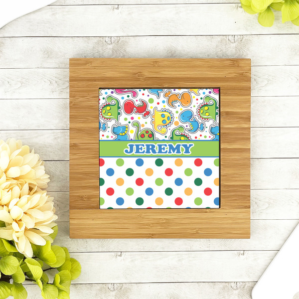 Dinosaur Print & Dots Bamboo Trivet with 6" Tile - LIFESTYLE