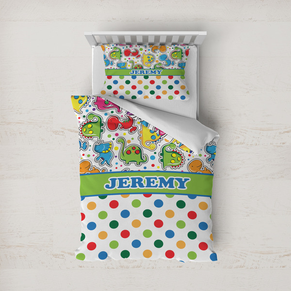 Custom Dinosaur Print & Dots Duvet Cover Set - Twin (Personalized)