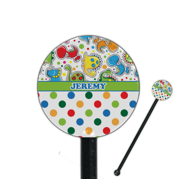 Custom Dinosaur Print & Dots 5.5" Round Plastic Stir Sticks - Black - Single Sided (Personalized)