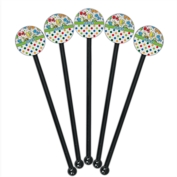 Dinosaur Print & Dots Black Plastic 5.5" Stir Stick - Round - Fan View