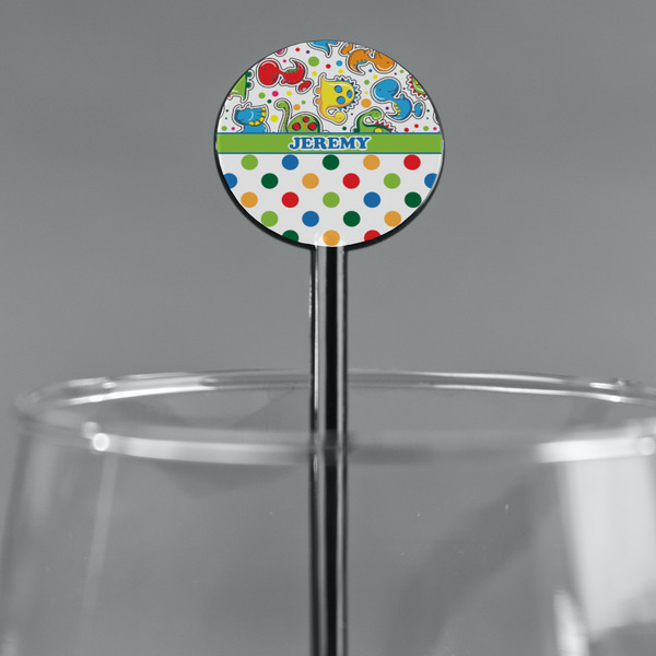 Dinosaur Print & Dots Black Plastic 5.5" Stir Stick - Round - Main