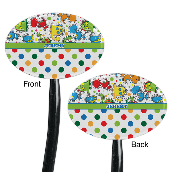 Dinosaur Print & Dots Black Plastic 7" Stir Stick - Double Sided - Oval - Front & Back