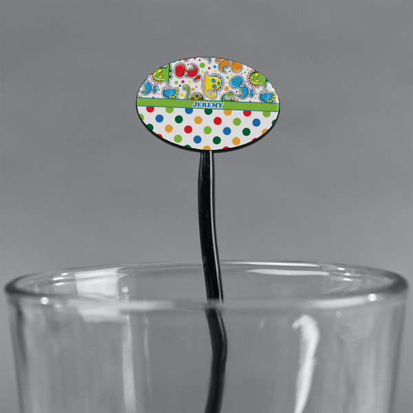 Dinosaur Print & Dots Black Plastic 7" Stir Stick - Oval - Main