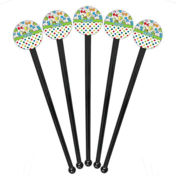 Dinosaur Print & Dots Black Plastic 7" Stir Stick - Round - Fan View